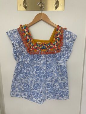 THML NWT Women’s S Blue and white Leaf-Print Top with Colorful Embroidered Yoke